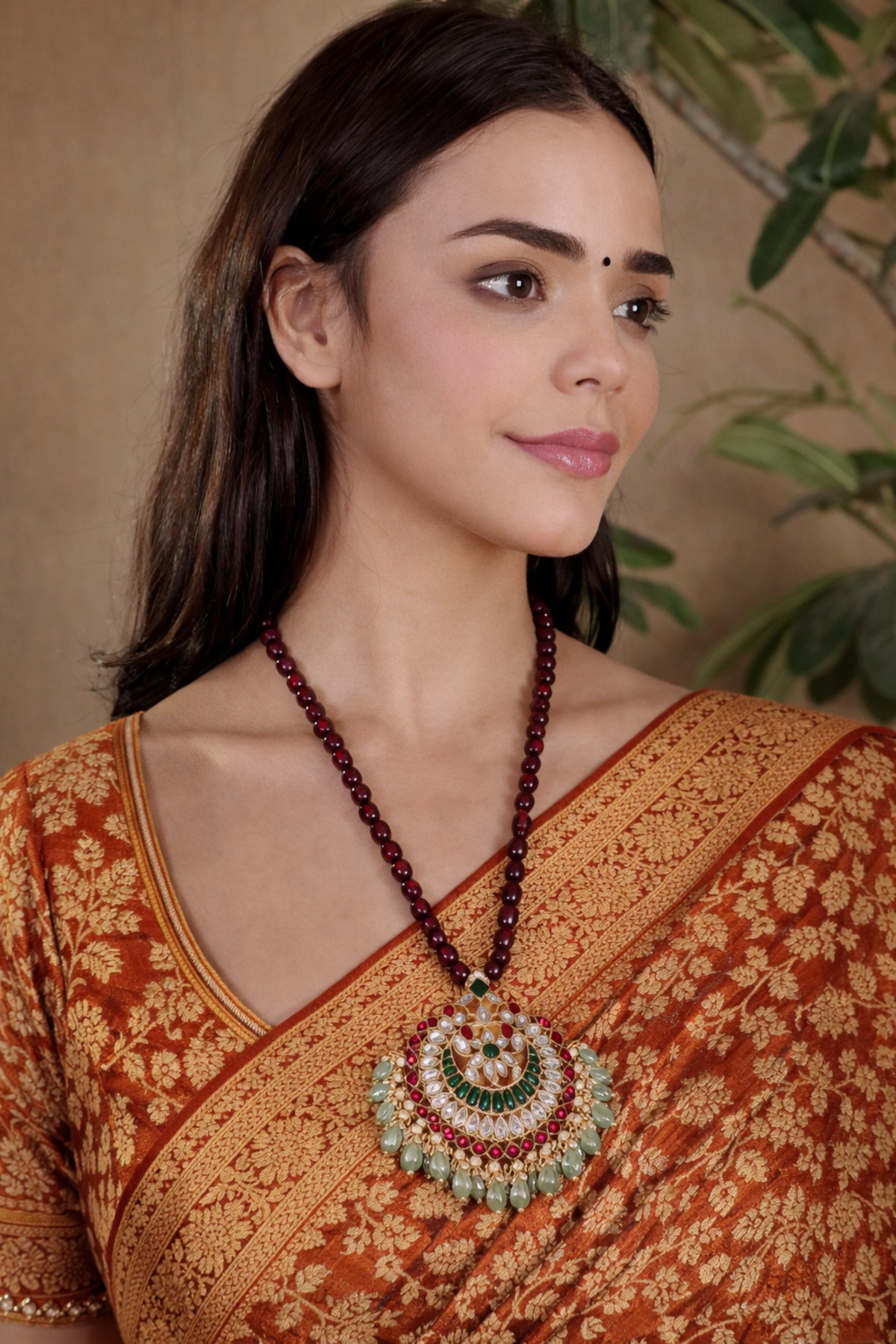 A woman wearing a traditional Indian bronze and gold Banarasi silk saree, paired with a dark red beaded necklace featuring a large circular green and gold pendant.