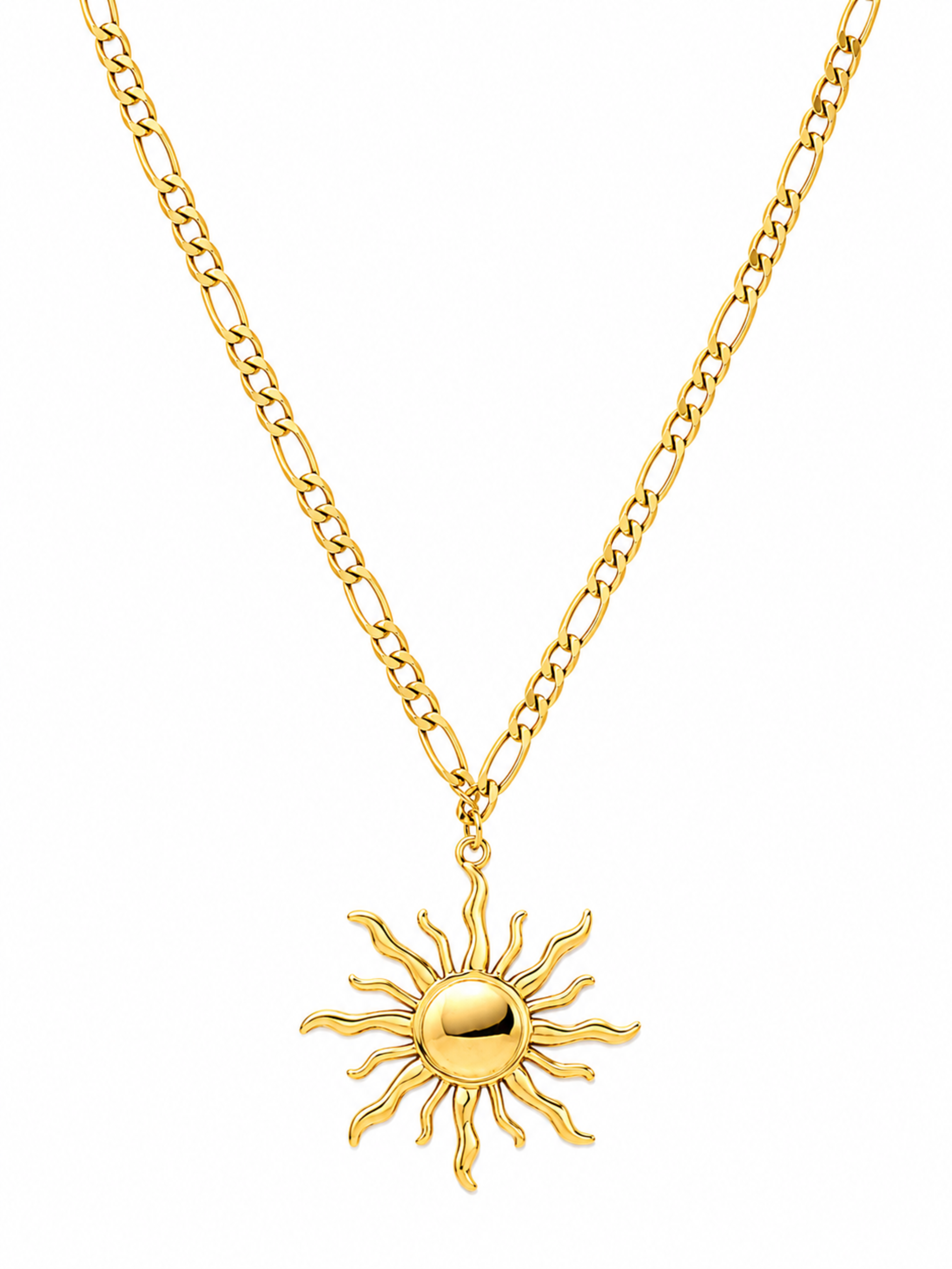 Sunburst Necklace – Gold Plated Sunflower Pendant Figaro Chain, Unisex – Pabeena