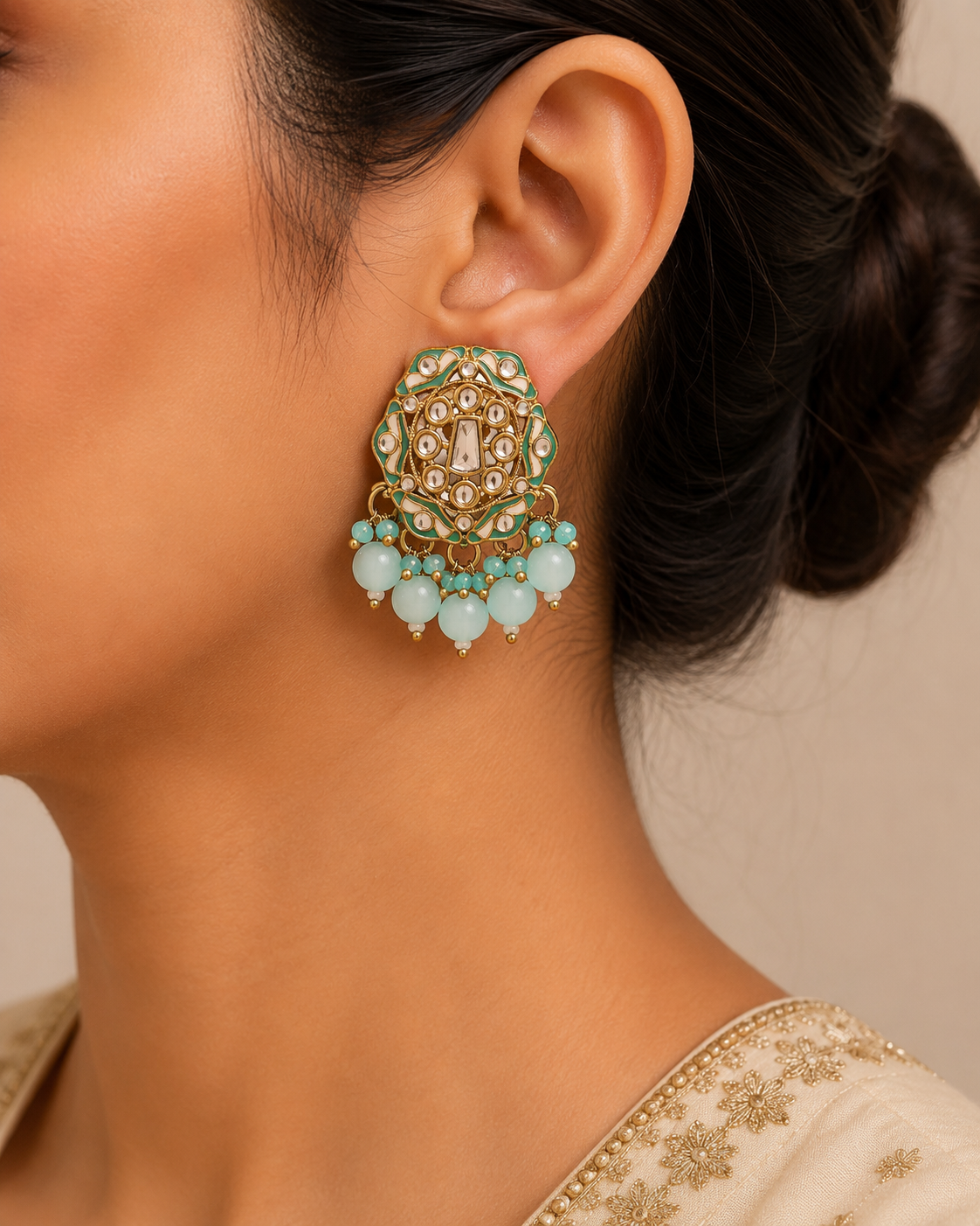 Tara Mint Kundan Earrings - Pabeena
