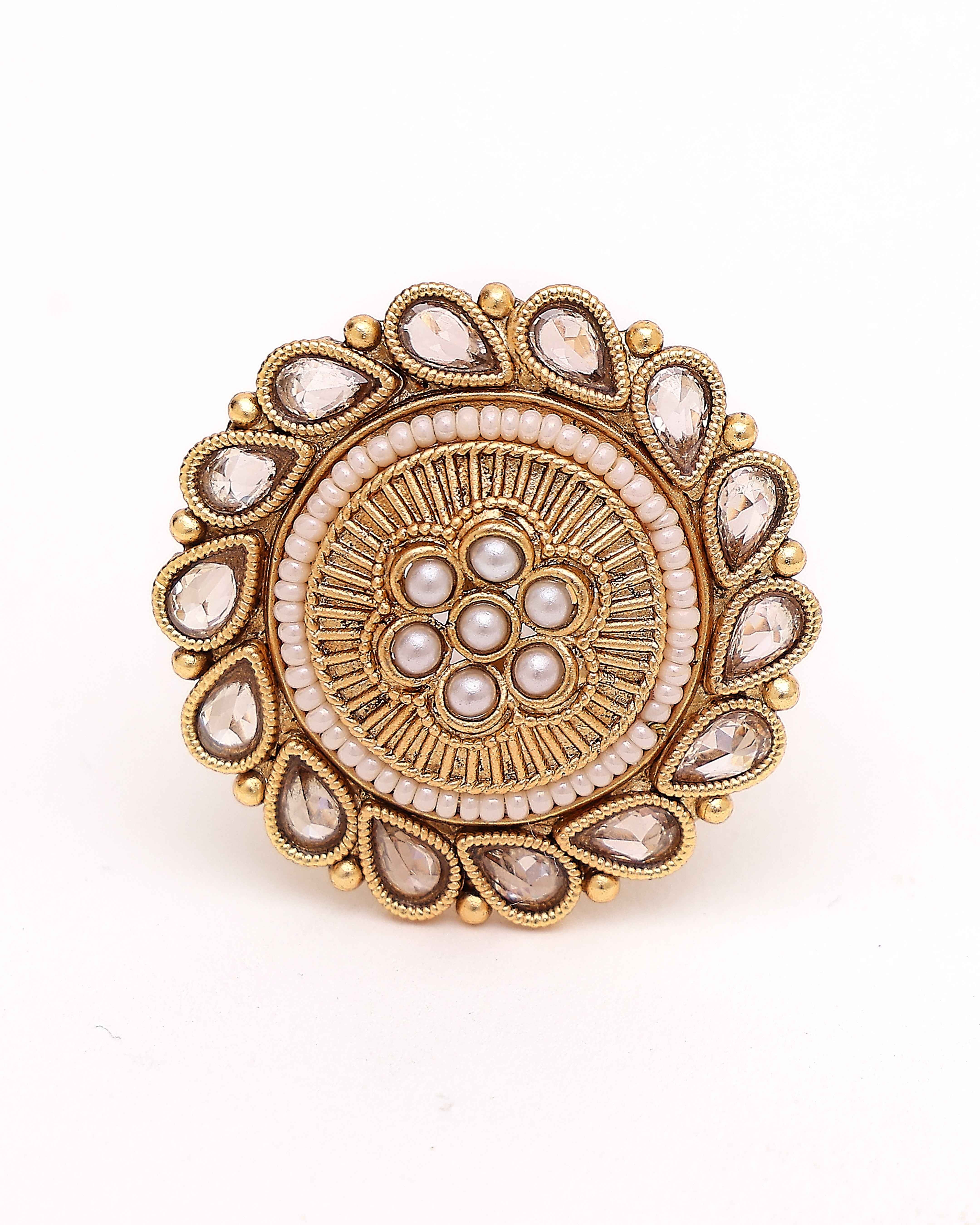 Gulnoor Antique Kundan Pearl Ring