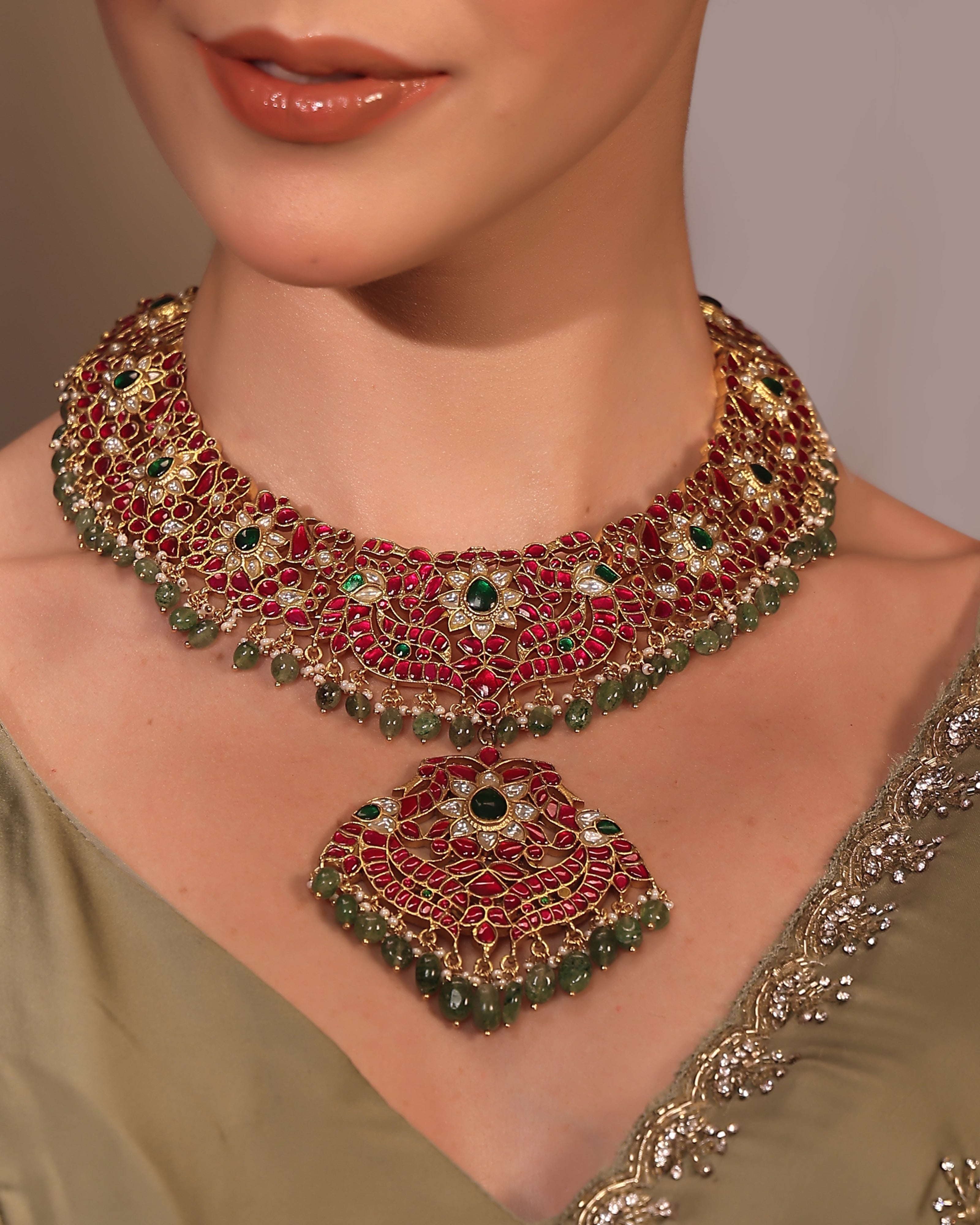 Mahalaya Heirloom Enamel Polki Choker - Pabeena
