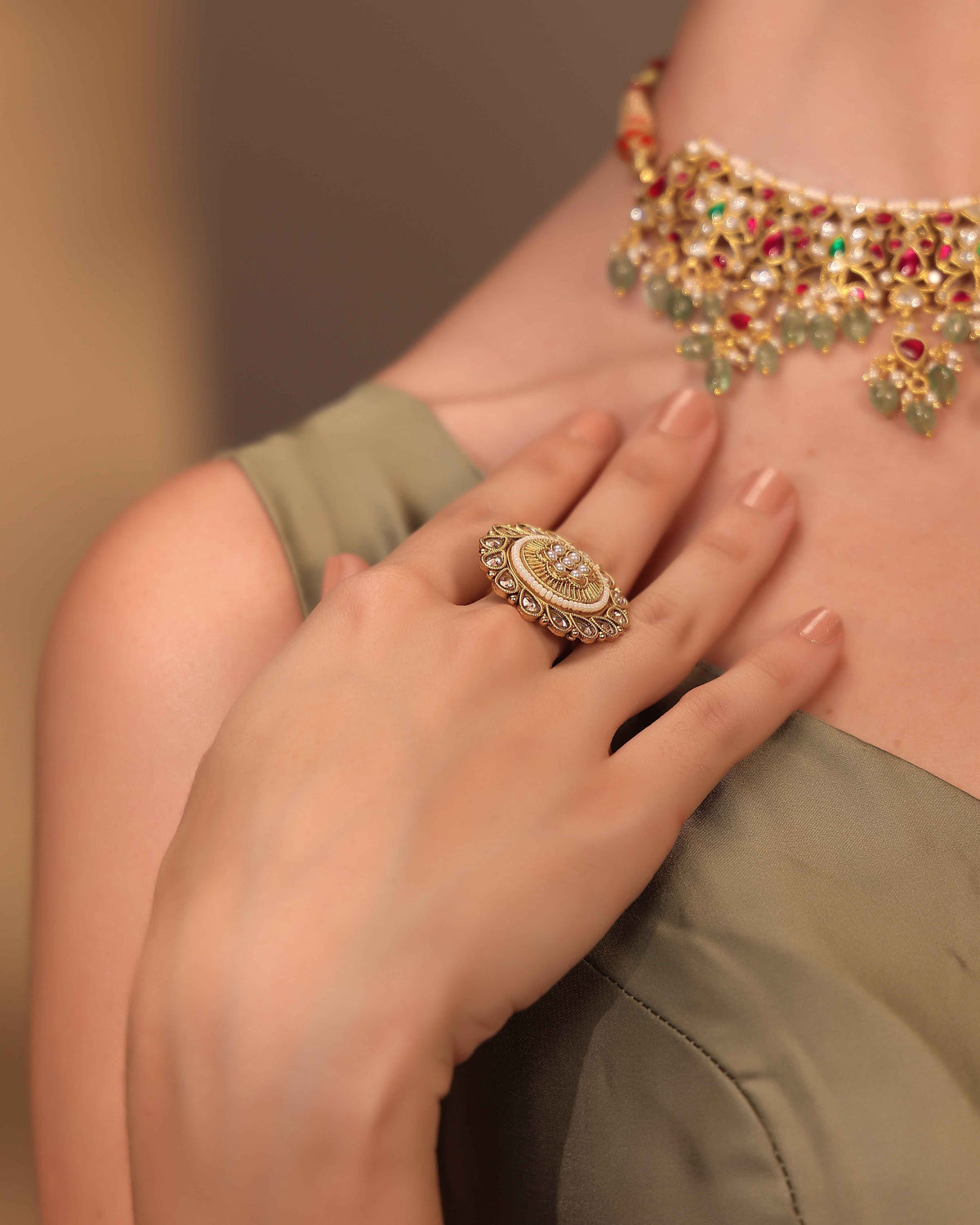 Gulnoor Antique Kundan Pearl Ring