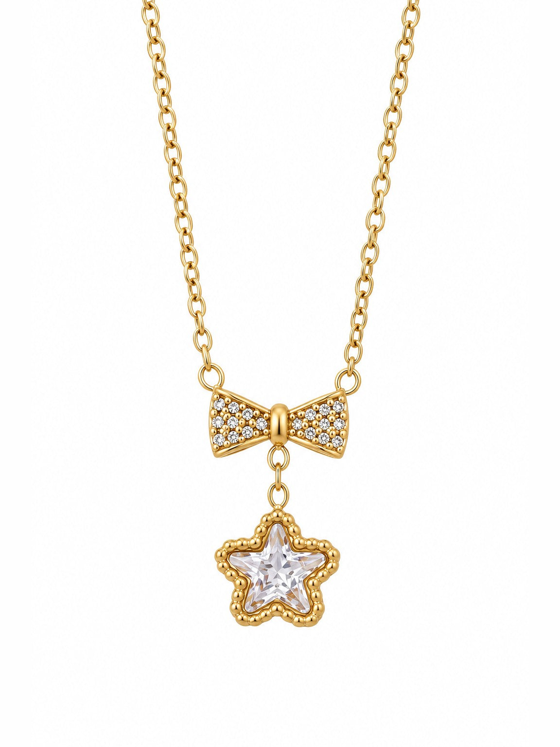 Bow Star Pendant Necklace – Gold Plated Zircon Star & Bow Necklace – Pabeena
