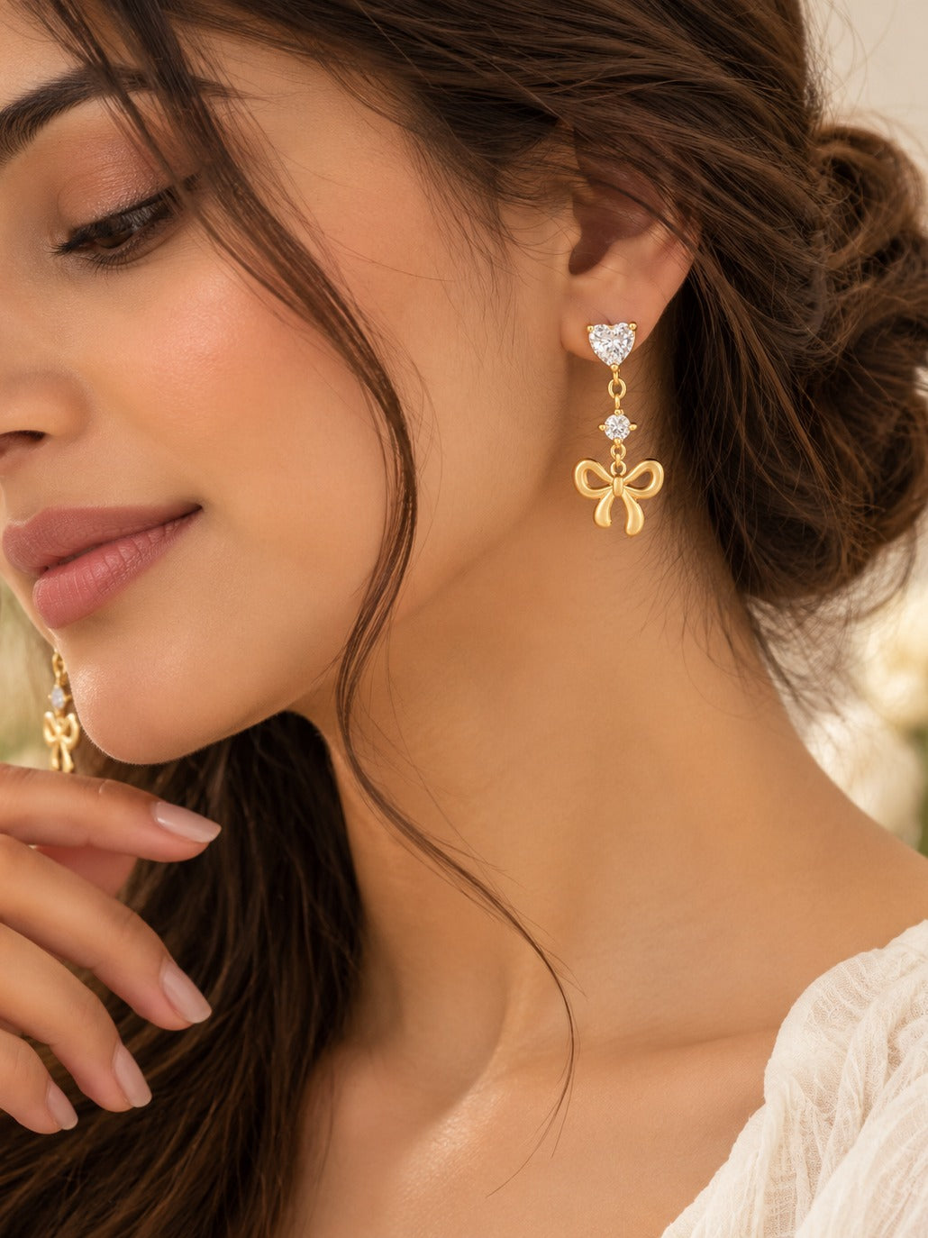 Bowtie Heart Drop Earring – worn on the ear – Pabeena