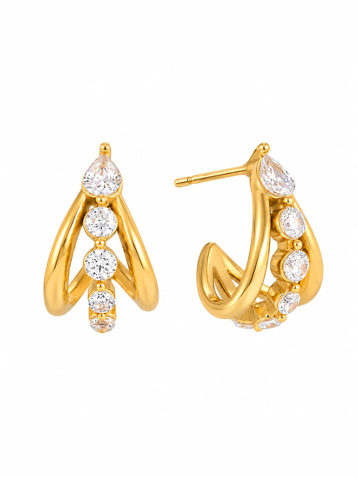 Crescent Dew Split Hoop Earrings – Gold Tone Zircon Half Hoops – Pabeena