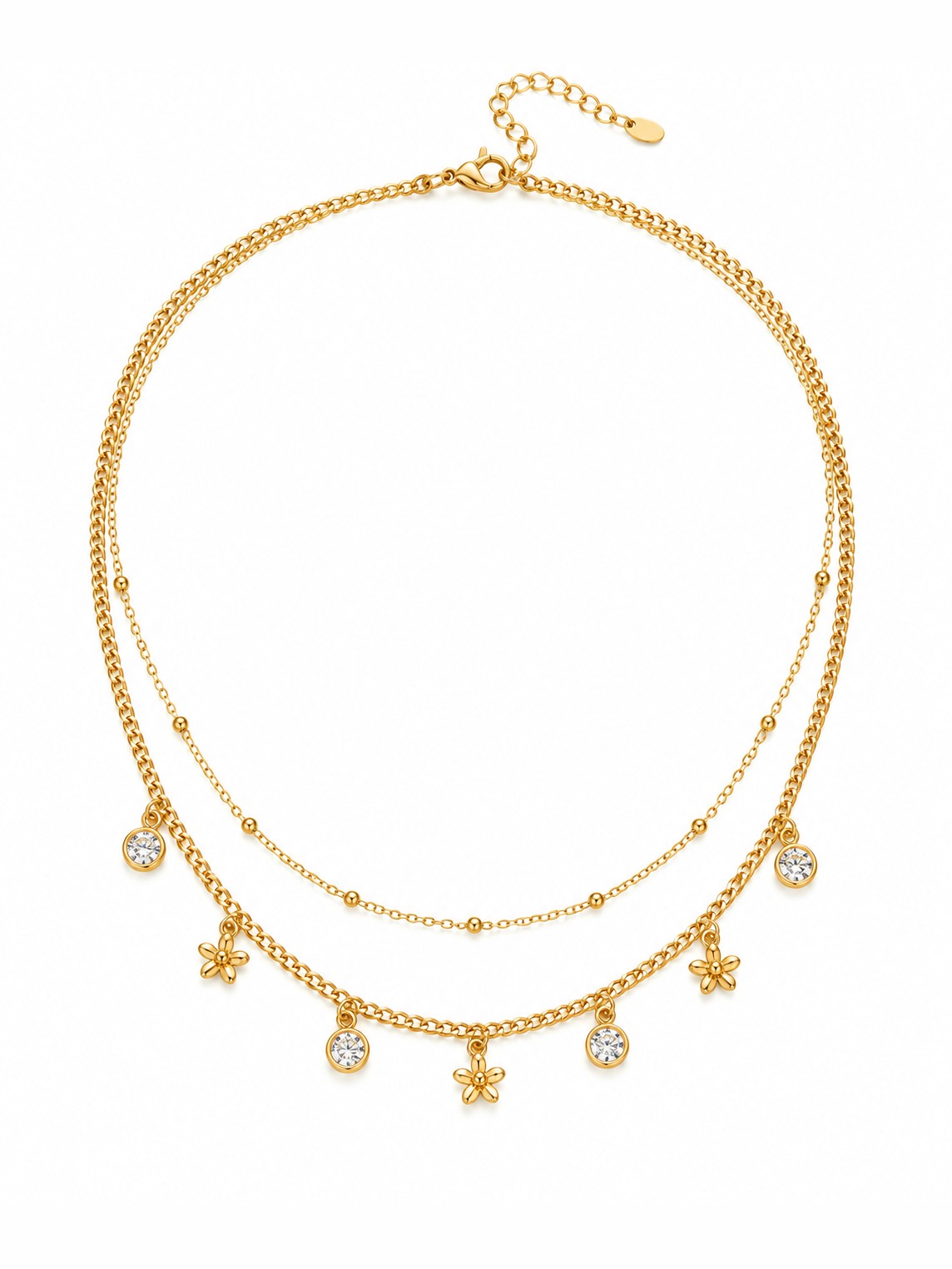 Daisy Drops Layered Necklace – Gold Plated Double Chain Flower & Zircon Charm Necklace – Pabeena