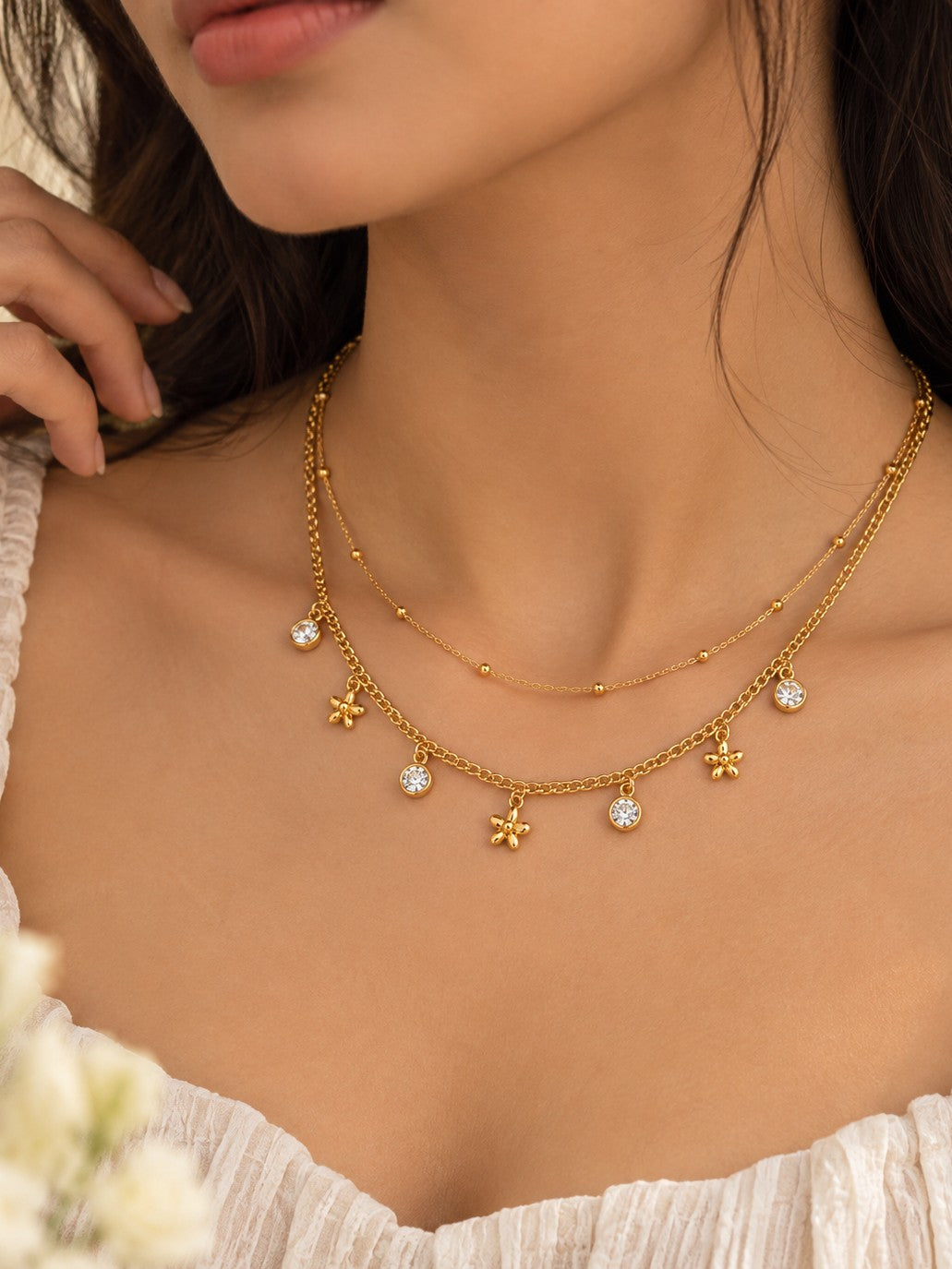 Daisy Drops Layered Necklace – worn – Pabeena