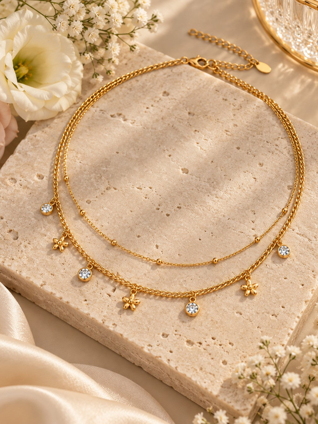 Daisy Drops Layered Necklace – flat lay – Pabeena