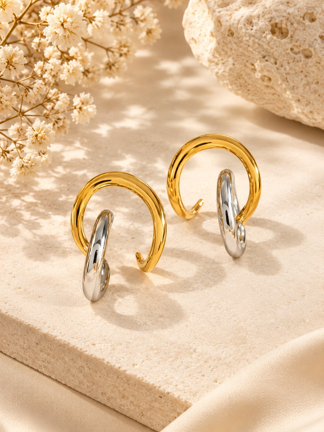 Dual Crescent Hoop Earrings – flat lay – Pabeena