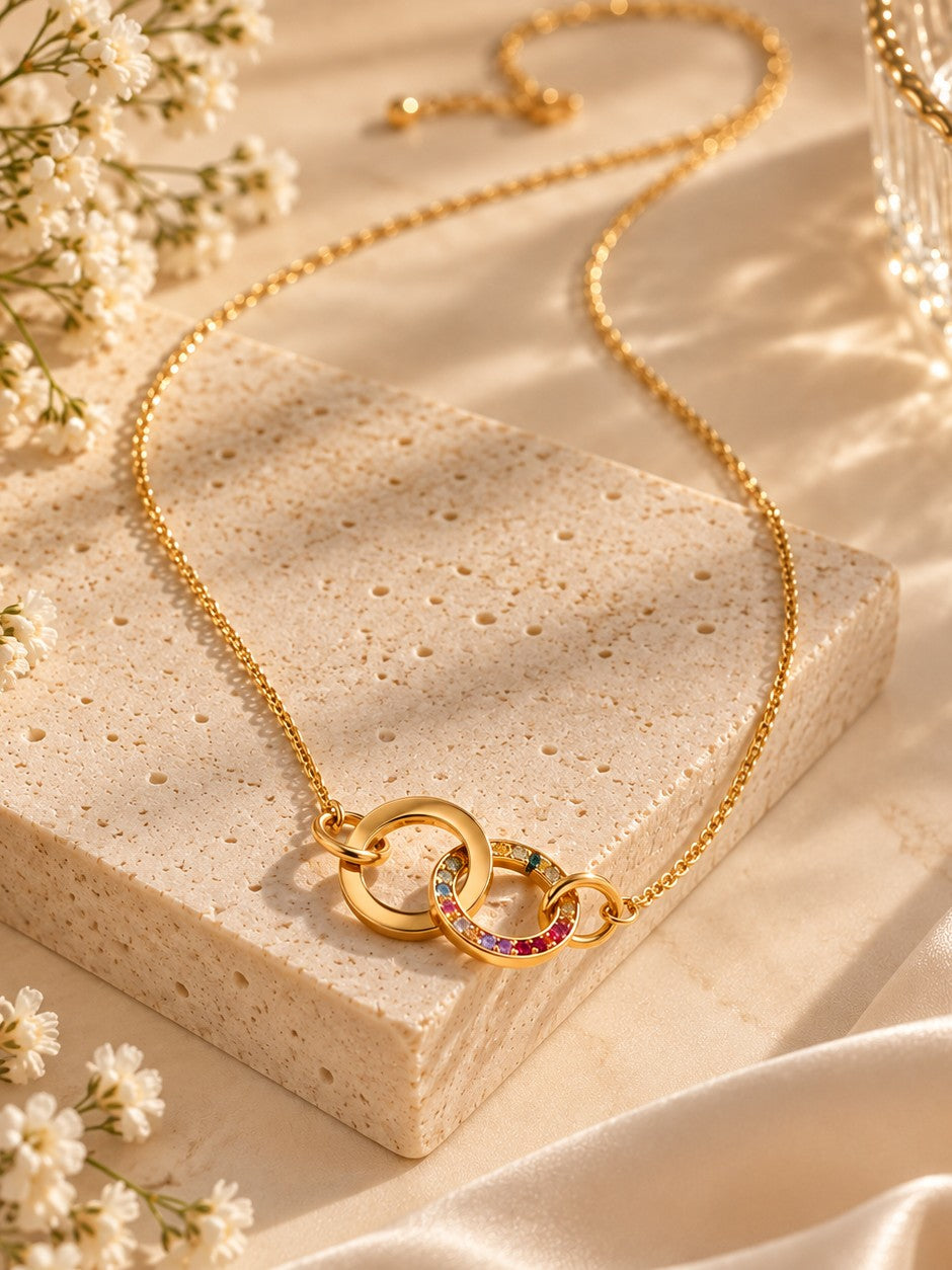 Entwined Circles Necklace – flat lay – Pabeena