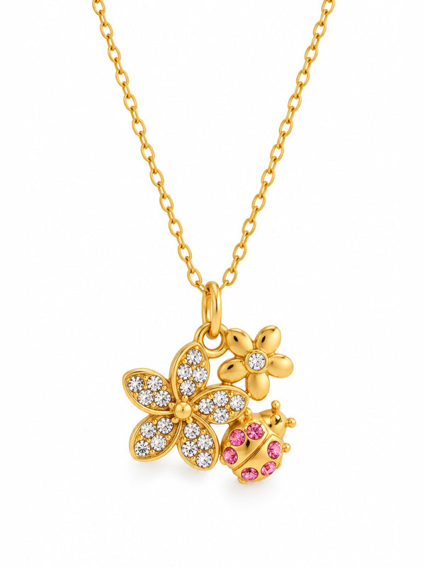 Ladybug Garden Necklace – gold plated flower and pink ladybug charm pendant – Pabeena