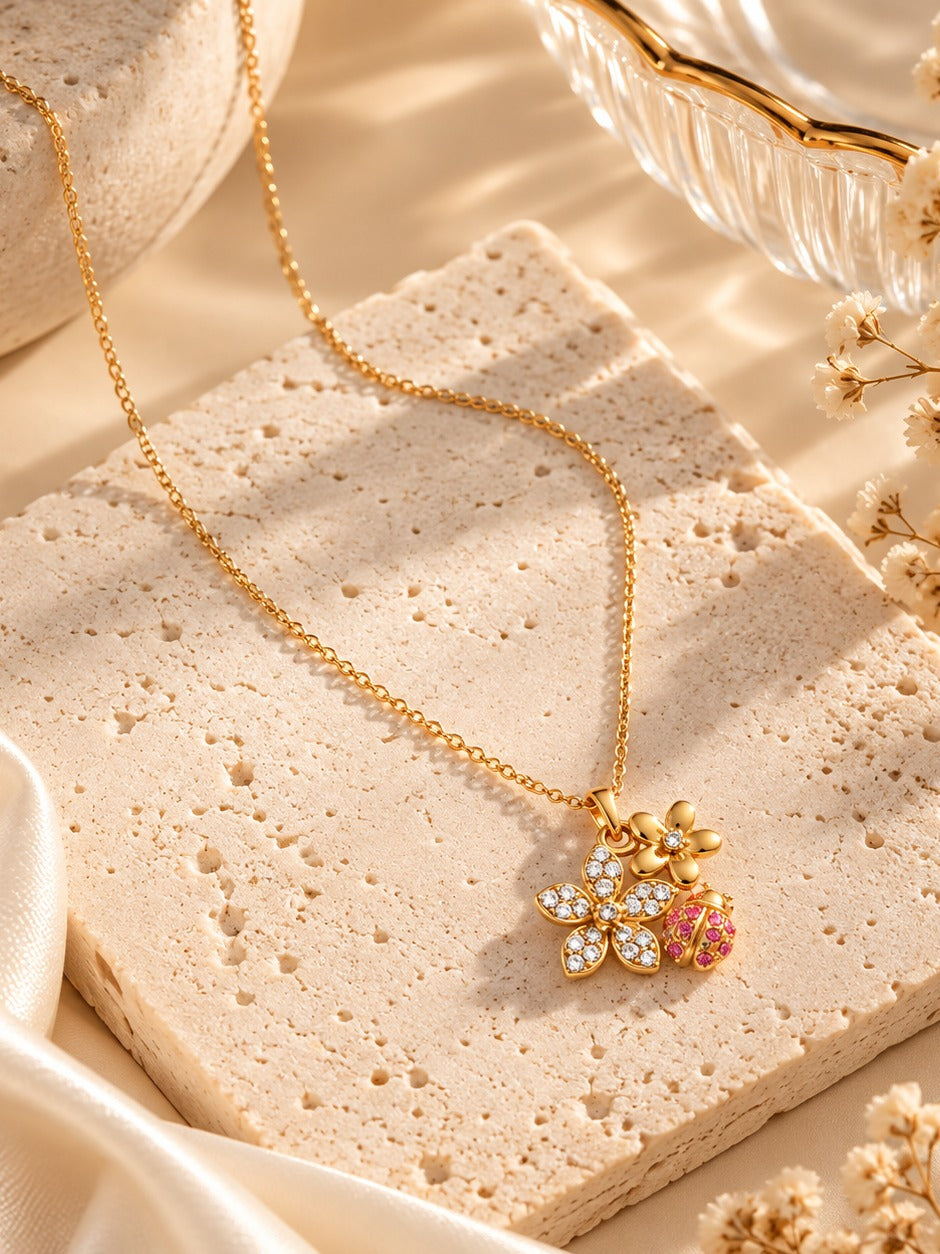 Ladybug Garden Necklace – flat lay – Pabeena