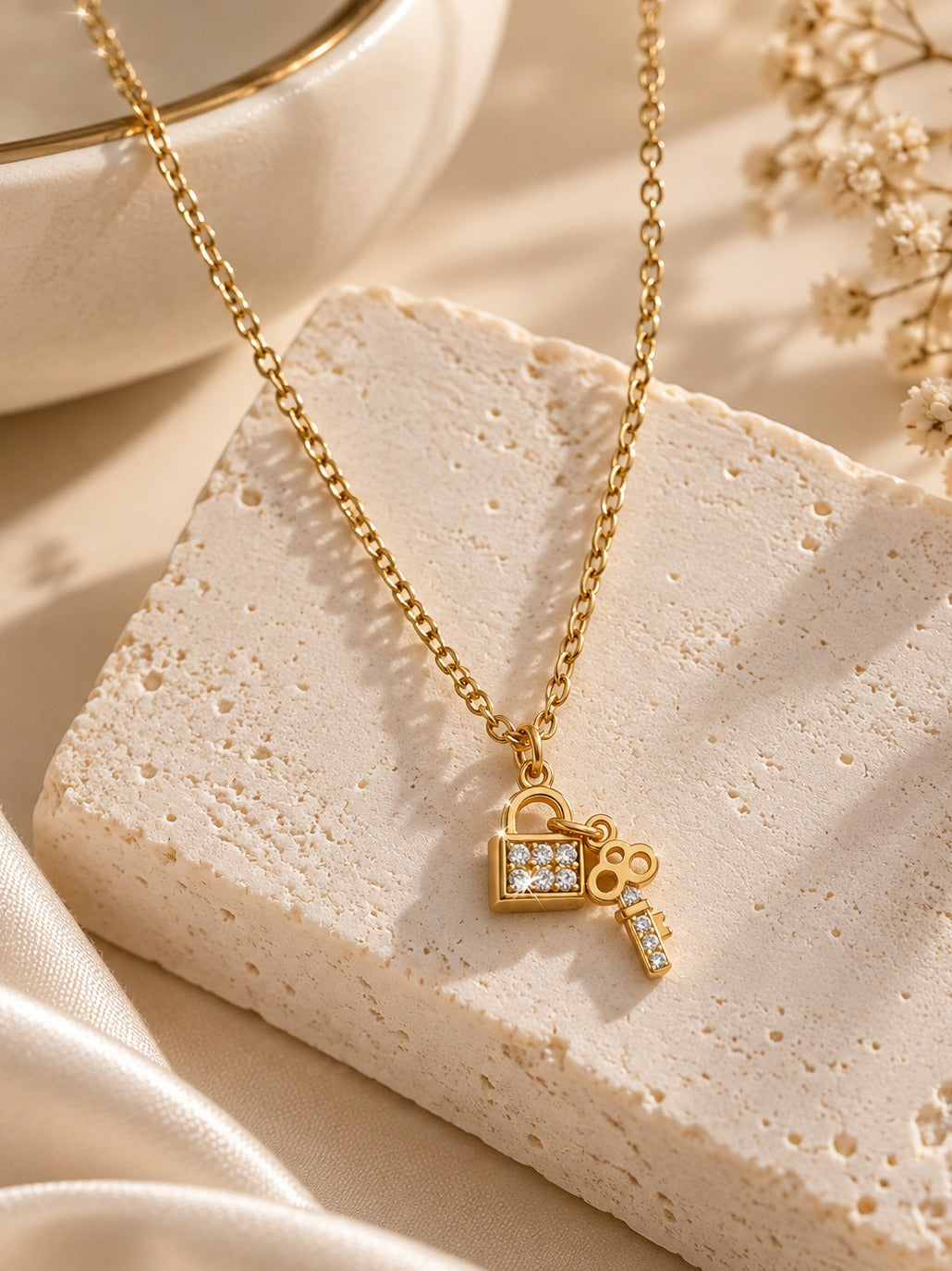 Lock & Key Necklace – flat lay – Pabeena