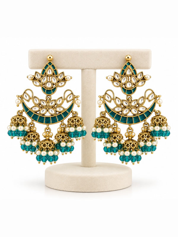 Neel Kamal Teal Kundan Chandbali Earrings - Pabeena