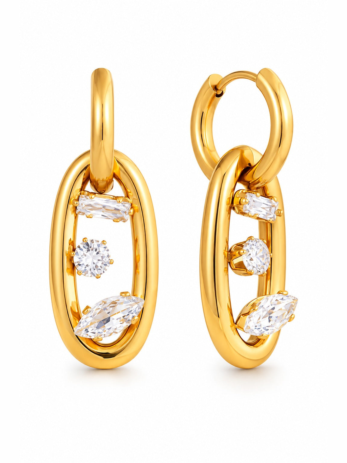 Oval Crystal Link Earrings – gold plated zircon hoop drops – Pabeena