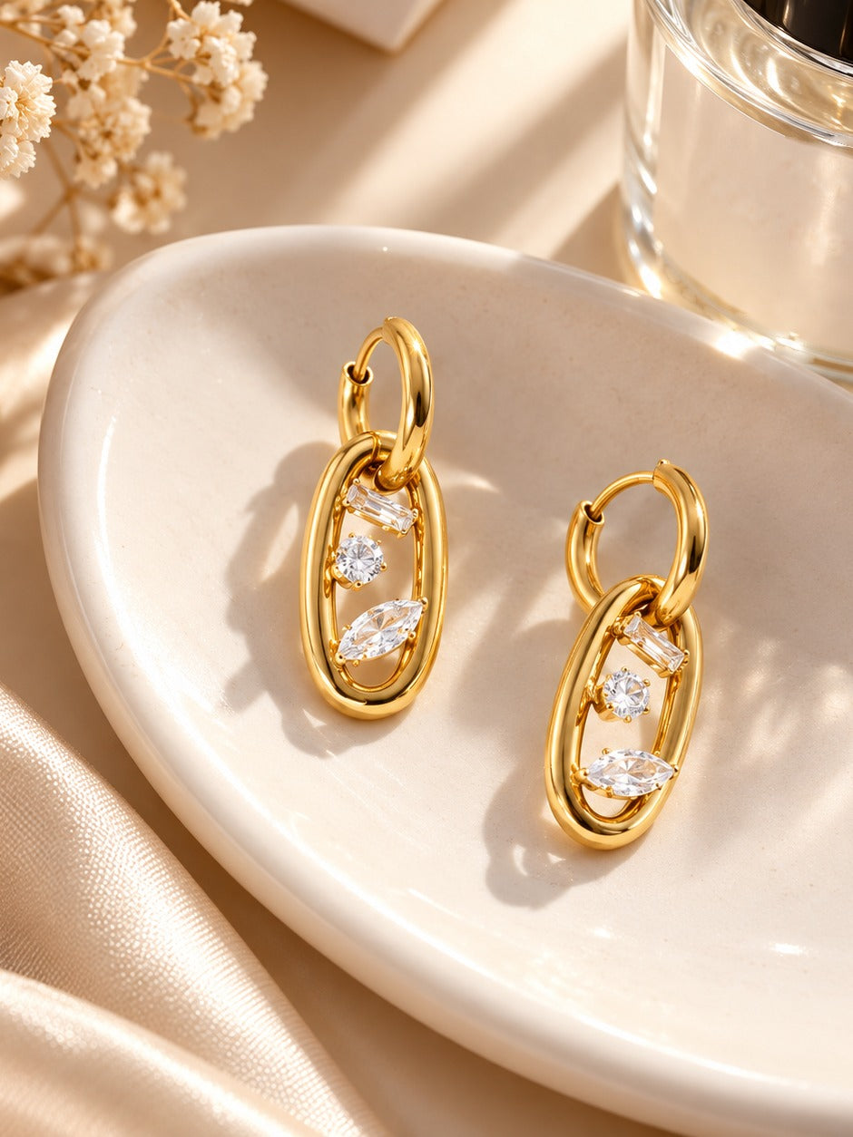 Oval Crystal Link Earrings – flat lay – Pabeena