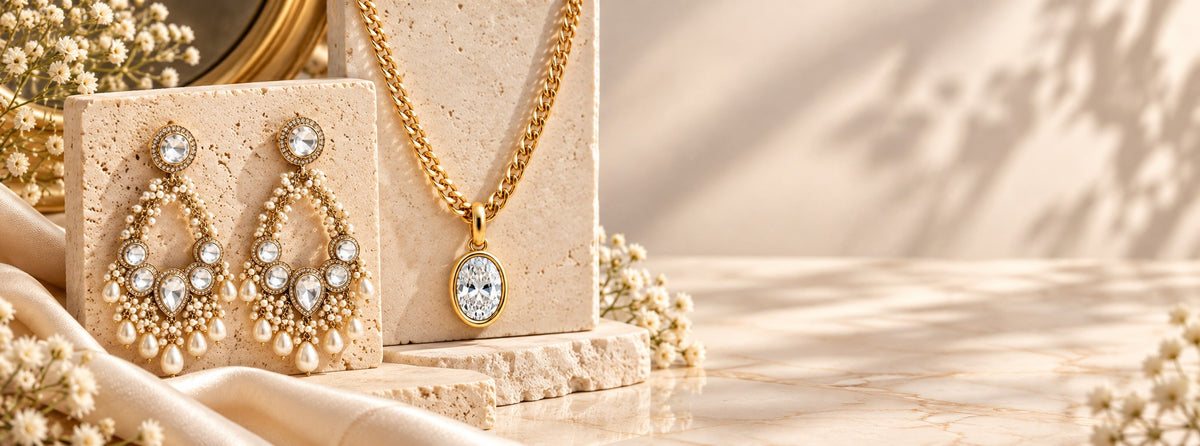 Pabeena kundan and pearl chandbali earrings with an oval solitaire pendant on a gold curb chain