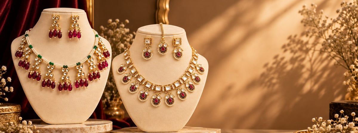Two Pabeena kundan necklace sets with ruby drops and pearls on ivory busts