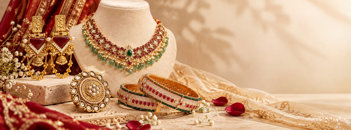 Pabeena bridal kundan choker with ruby and emerald beads, jhumka earrings, a kundan ring and enamel bangles