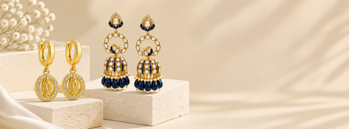 Pabeena gold-plated huggie hoops with medallion charms and blue kundan jhumkas with pearl drops