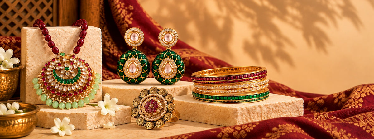 Pabeena kundan chandbali pendant on a maroon bead chain, green meenakari earrings, a coin ring and ruby, pearl and emerald bangles