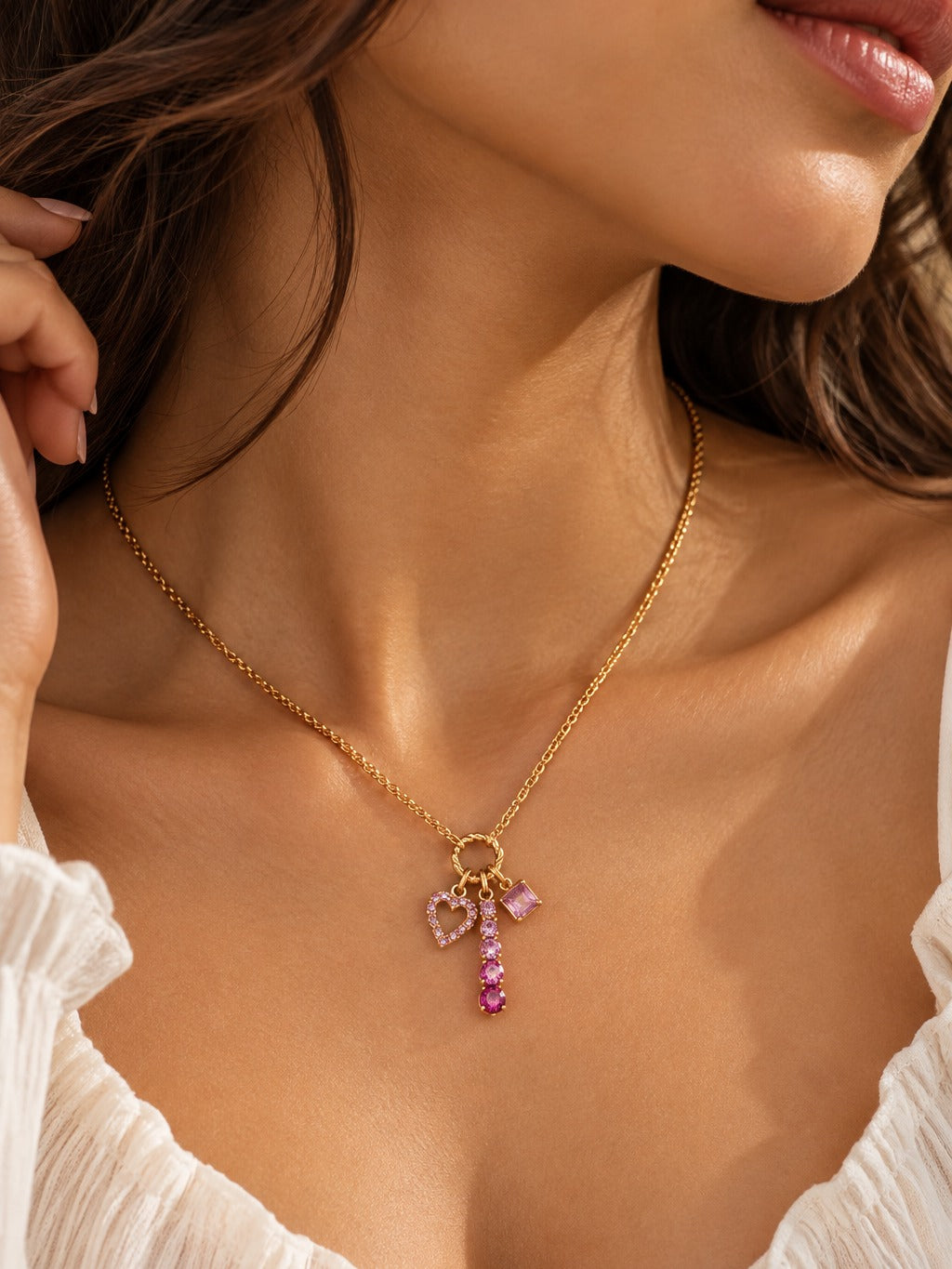 Pink Charm Cluster Necklace – worn on the neck – Pabeena