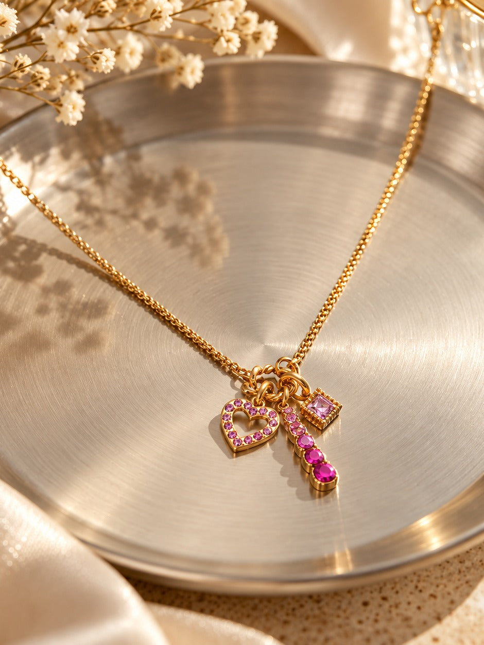 Pink Charm Cluster Necklace – flat lay – Pabeena