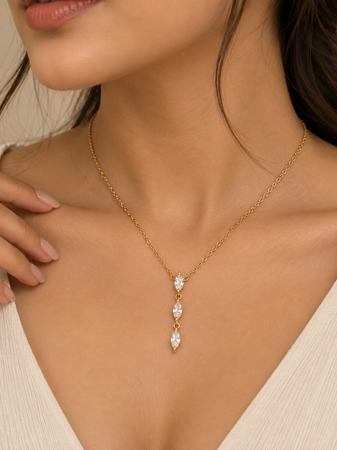 Raindrop Marquise Necklace – worn with a V-neck – Pabeena