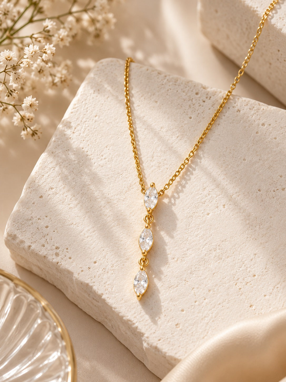 Raindrop Marquise Necklace – flat lay – Pabeena