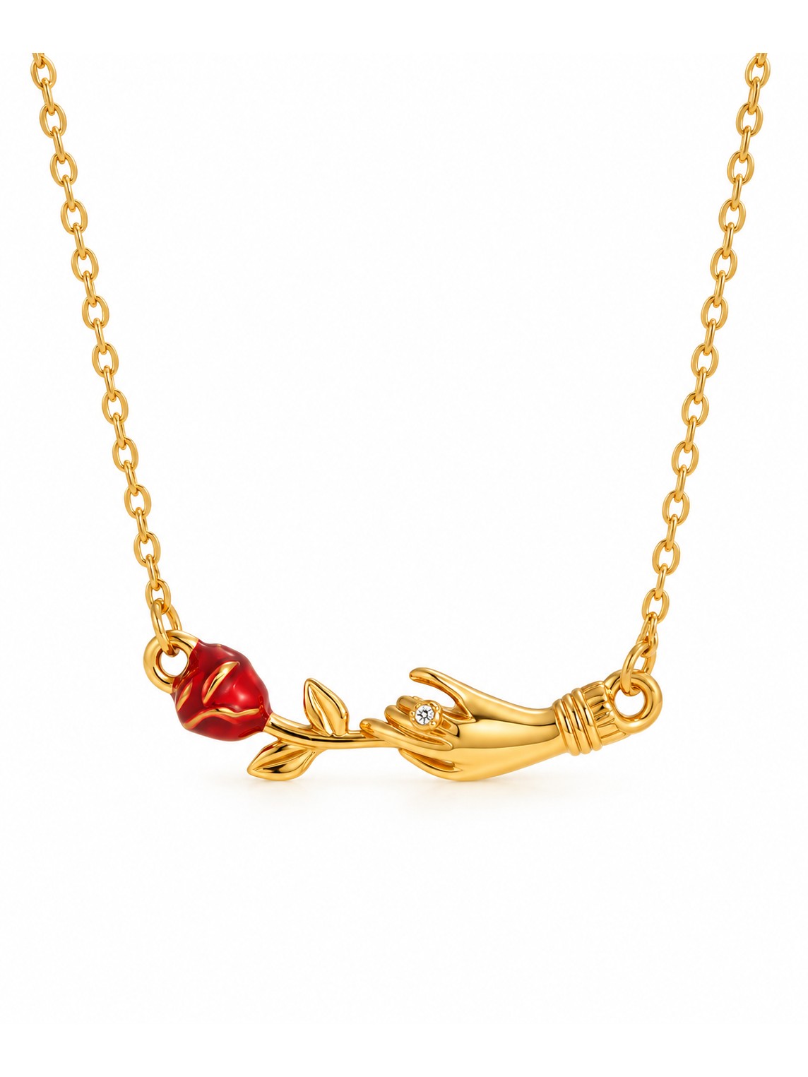 Rose Hand Pendant Necklace – Gold Plated Red Rose Charm Necklace – Pabeena