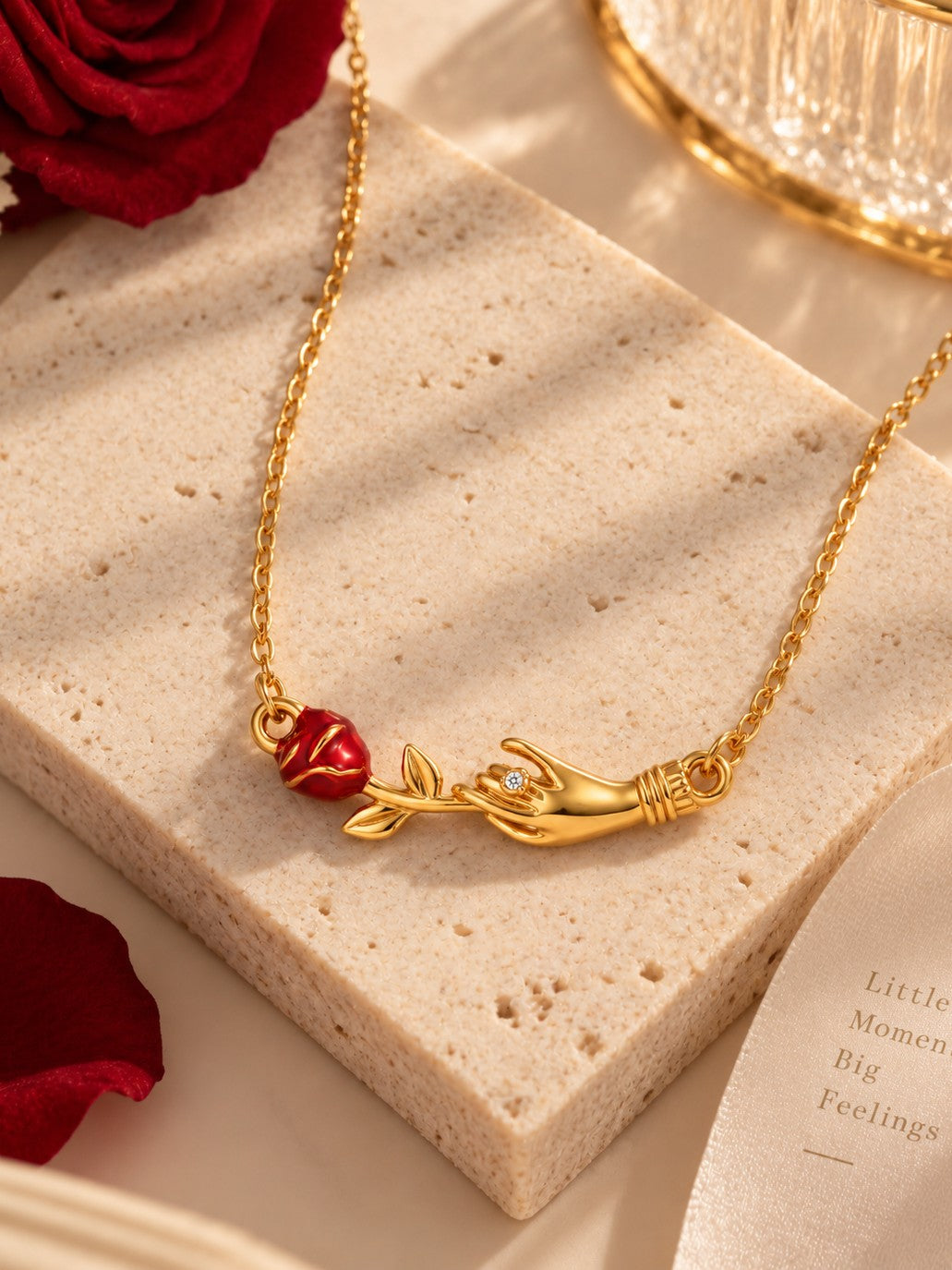 Rose Hand Pendant Necklace – flat lay – Pabeena