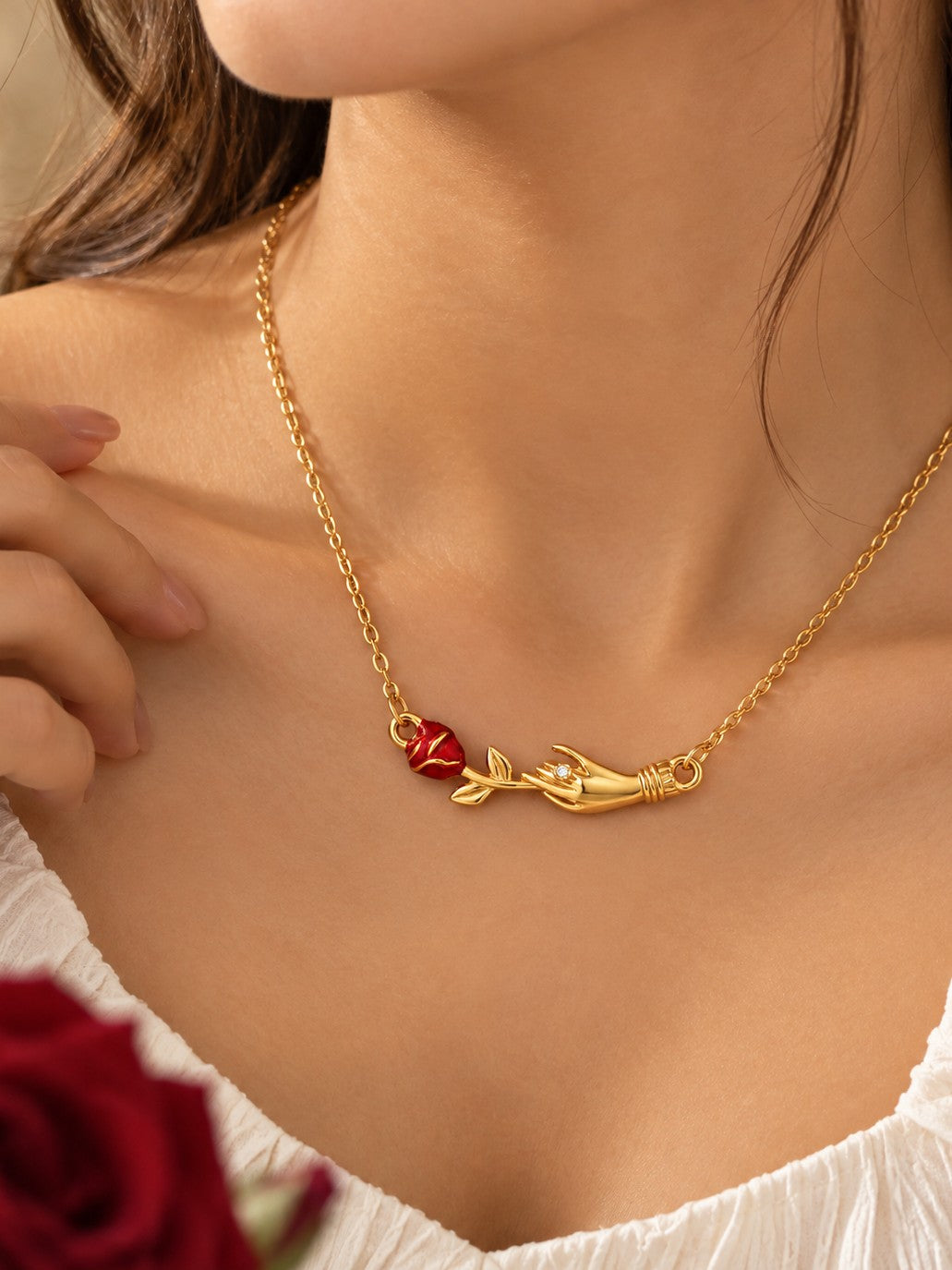 Rose Hand Pendant Necklace – worn – Pabeena
