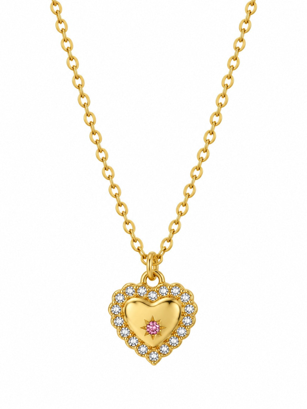 Rosy Heart Pendant Necklace – gold plated zircon halo heart with pink stone – Pabeena