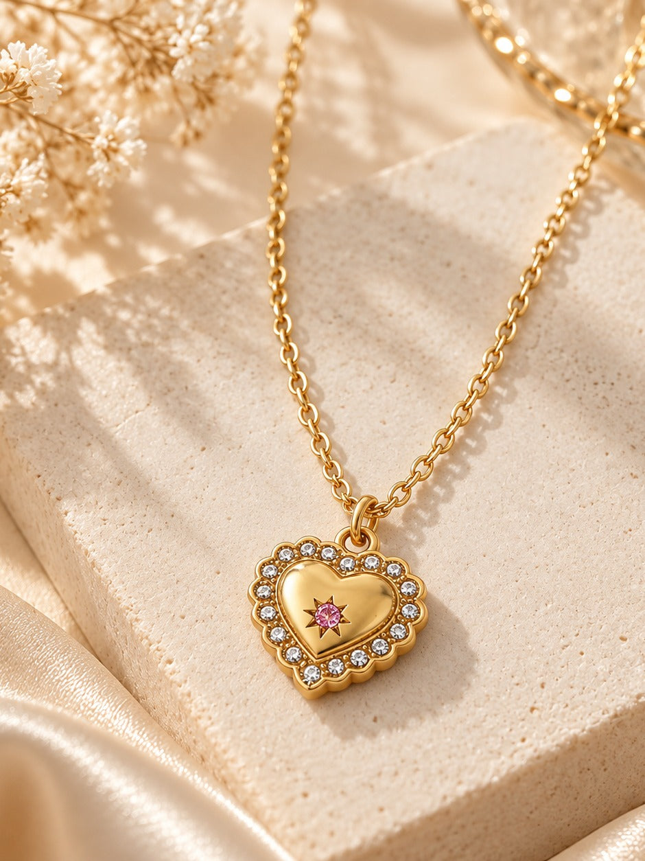 Rosy Heart Pendant Necklace – flat lay – Pabeena