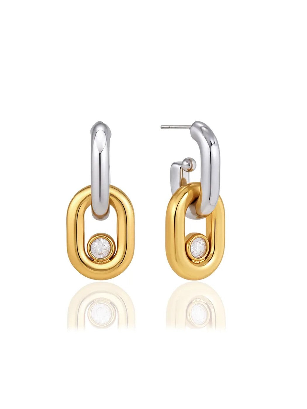 Twin Link Drop Earrings – Two-Tone Gold & Silver Oval Link Zircon Earrings – Pabeena
