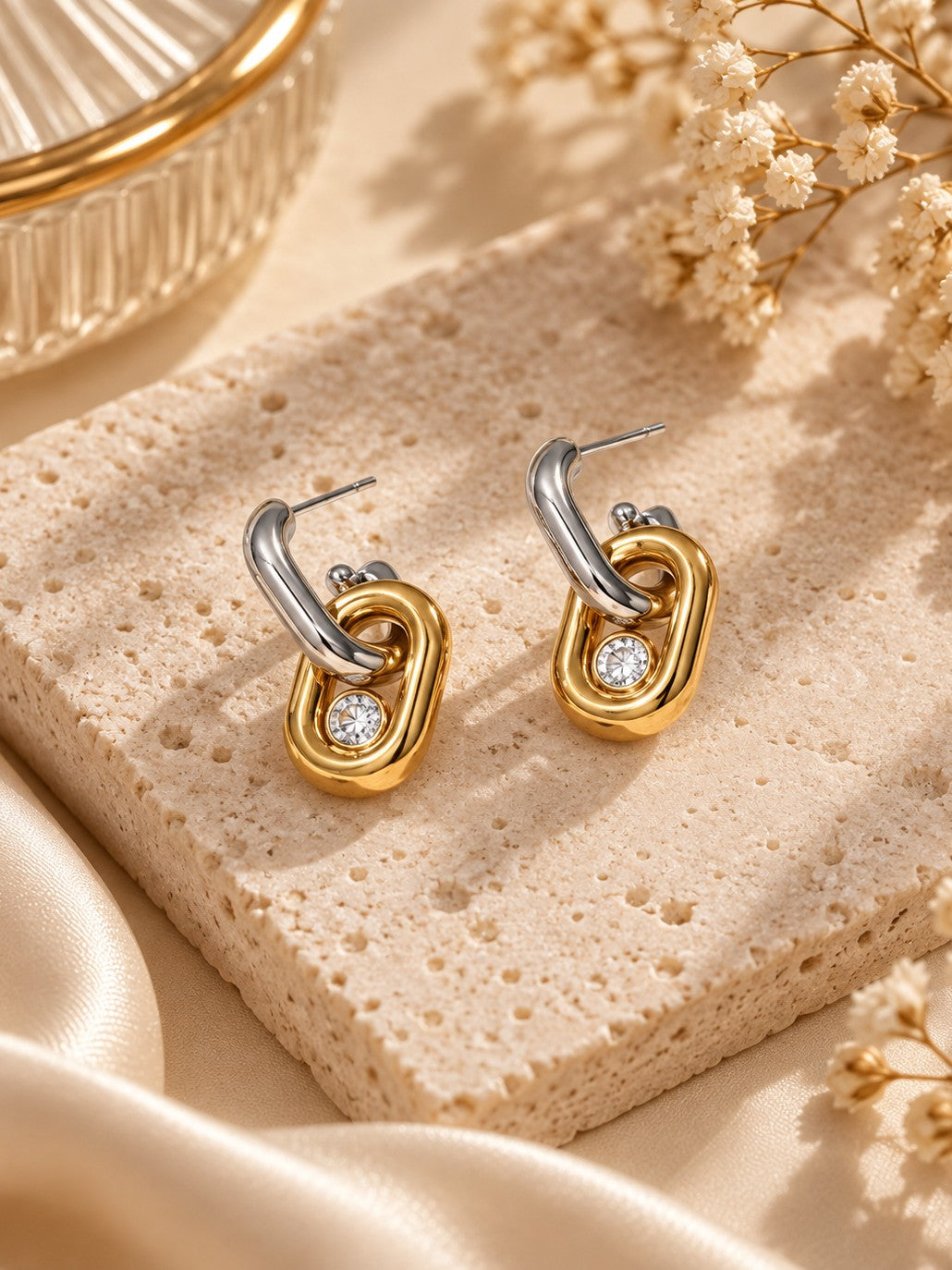 Twin Link Drop Earrings – flat lay – Pabeena