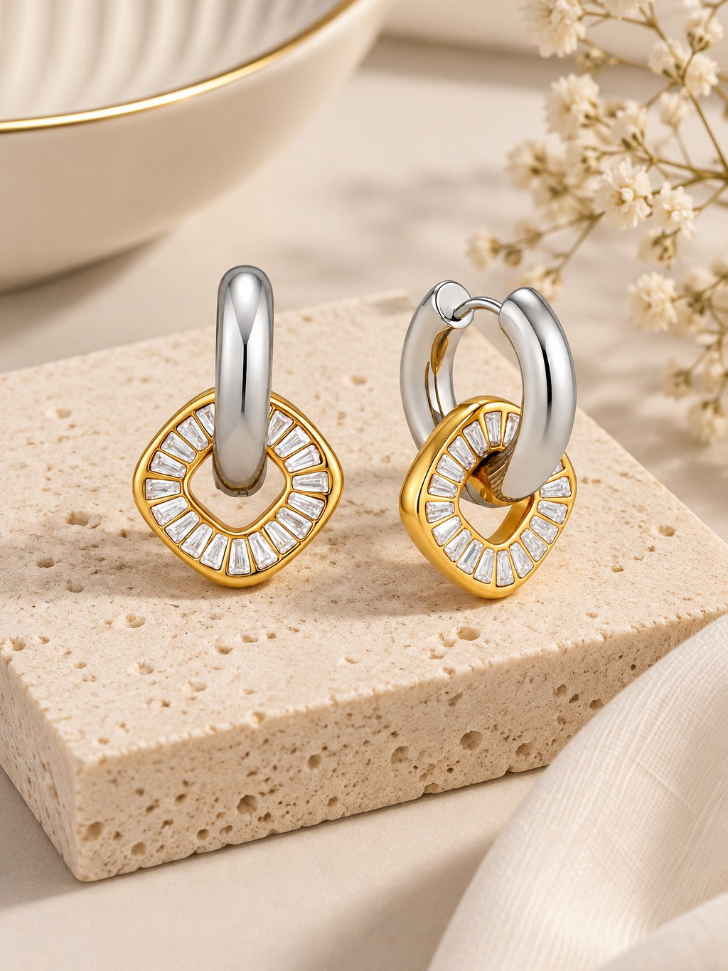 Vivienne Baguette Link Earrings – flat lay – Pabeena
