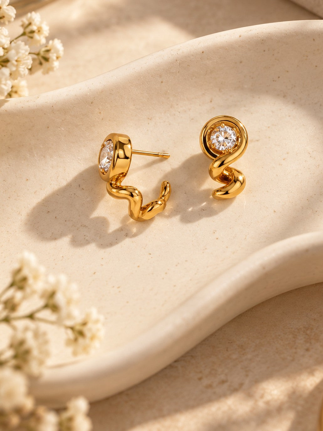 Vortex Zircon Stud Earrings – flat lay – Pabeena